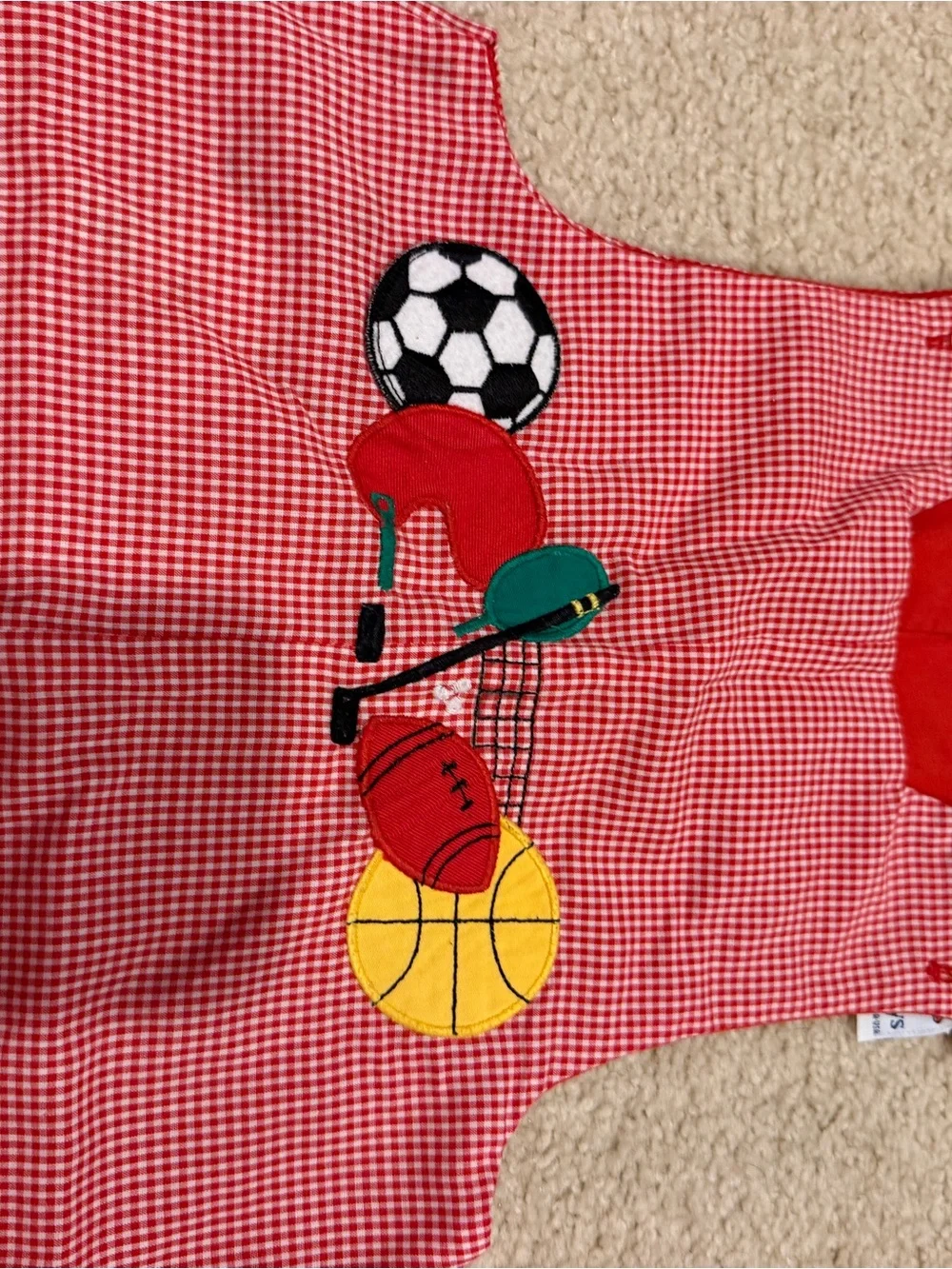 Red Gingham Kids One-Piece Bodysuit with Sports Applique
